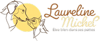 Laureline Michel - Bien-être pour chiens et leurs maîtres Logo Laureline Michel: deux chiens stylisés se faisant face, fond jaune, avec le slogan 'Être bien dans ses pattes'.