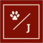 Logo rouge bordeaux avec bordure crème, affichant une empreinte de patte blanche en haut à gauche, une barre oblique et la lettre J en bas à droite.