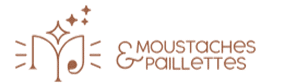 MOUSTACHES & PAILLETTES : Logo élégant et scintillant. Logo stylisé M/MJ marron scintillant avec note de musique. Texte élégant : MOUSTACHES & PAILLETTES.
